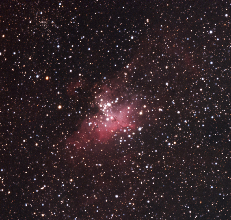This weekend I captured a wide field view of the Eagle and Swan nebulae at IFSP.
Collected about 2.5hrs of usable data which I was pretty happy with given the clouds. I like that these objects are just close enough to fit in one frame while still being able to capture some details, such as the Pillars of Creation in M16.